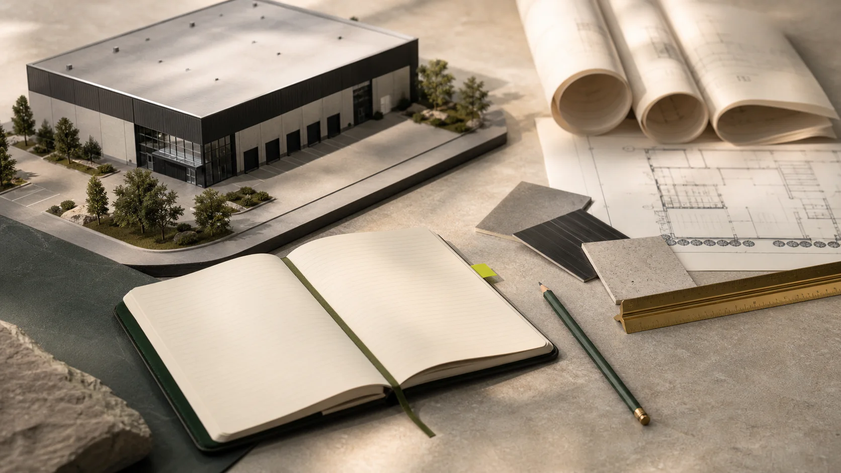 Industrial property model, field notebook and site plans arranged on a commercial real estate workbench