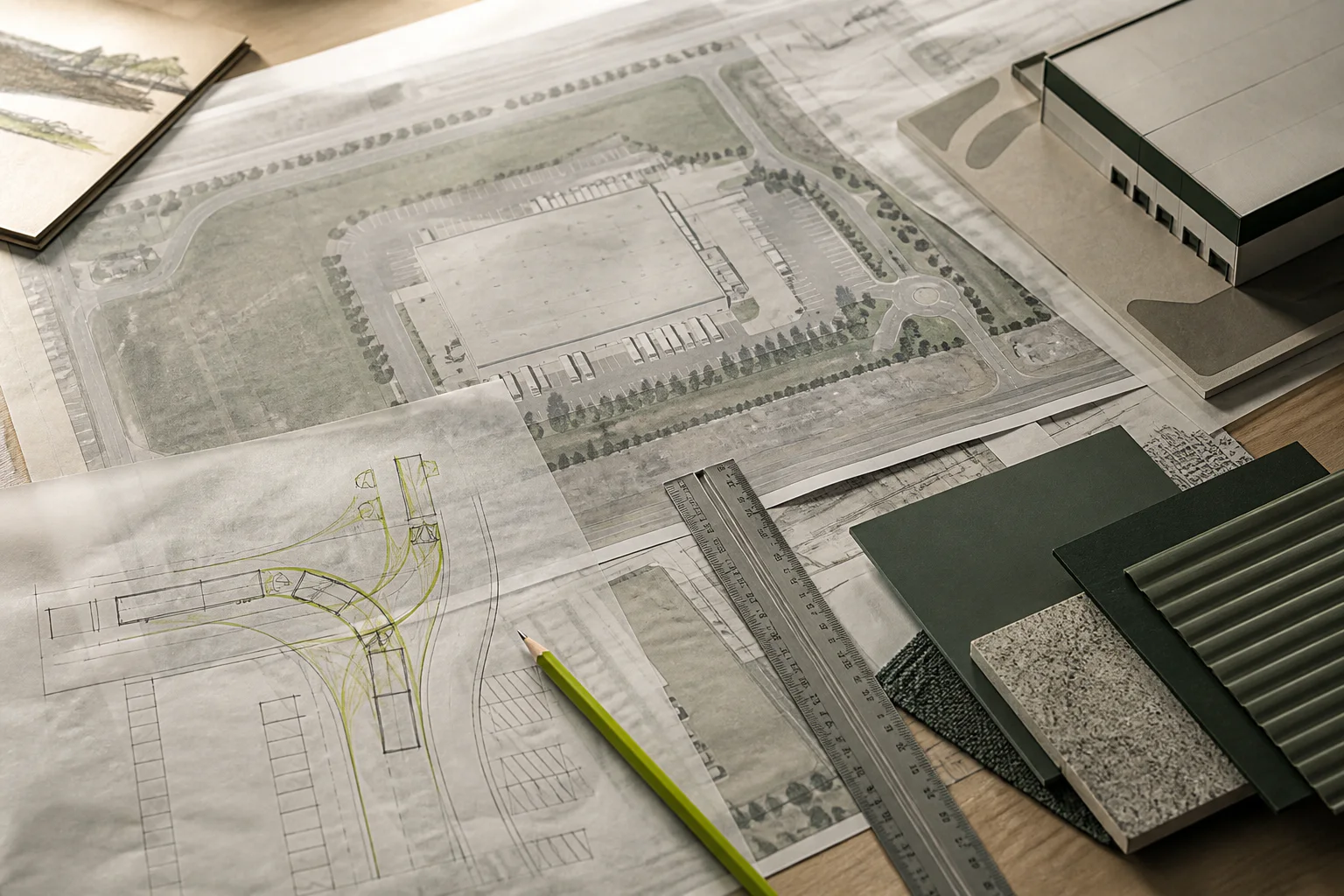Industrial site plan, truck-turning sketch, material samples and warehouse model