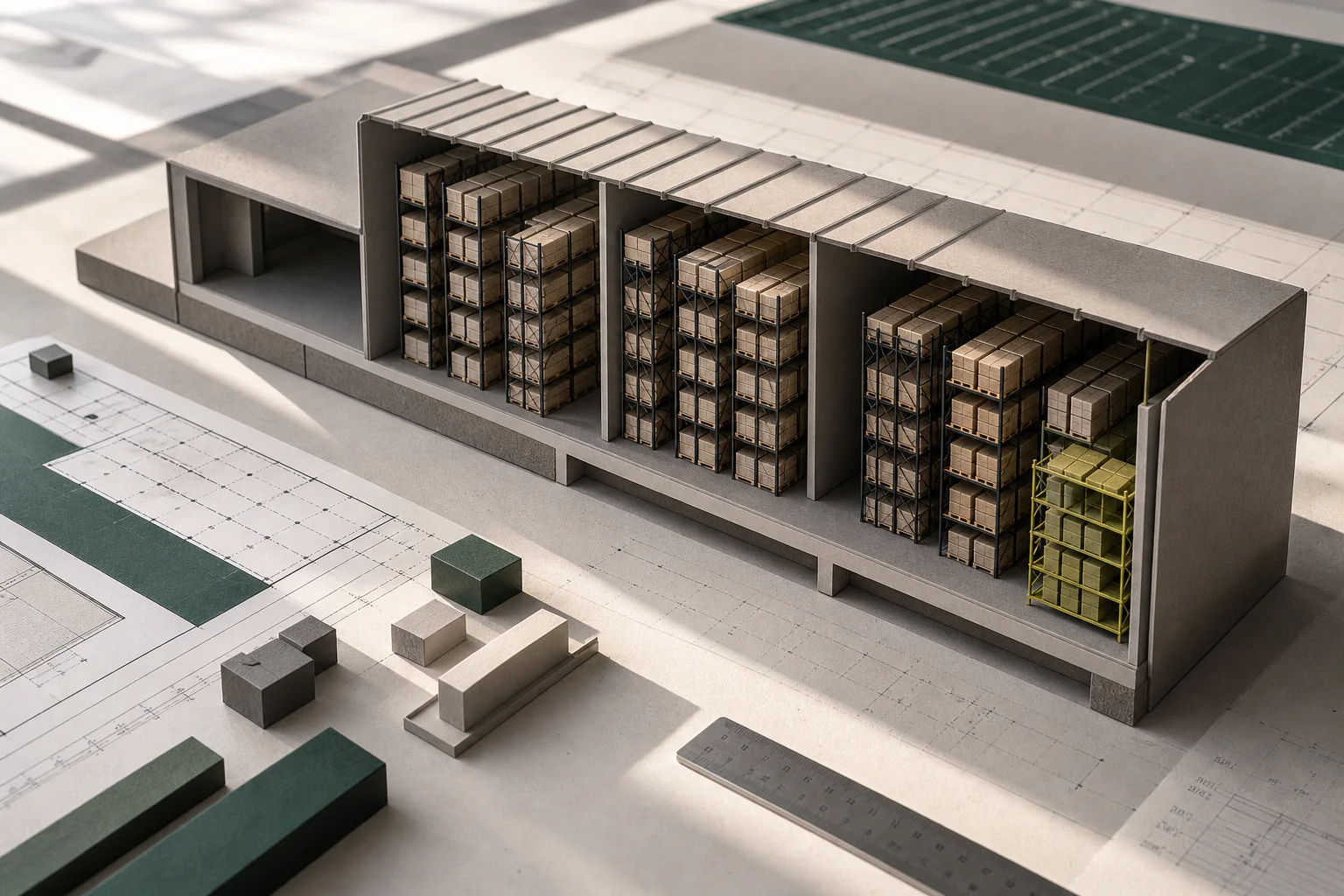 Scale warehouse model with racking and inventory placed over a working floor plan