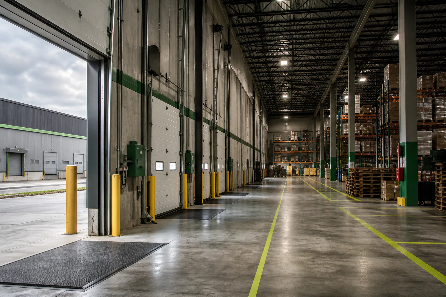 Working industrial warehouse interior with dock doors, storage racks and marked operating paths