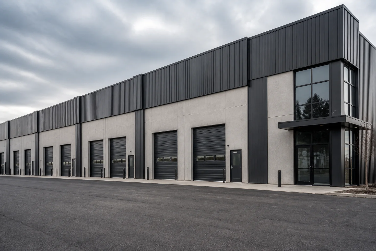 Blurred illustrative teaser for an address-free small-bay / flex industrial exterior concept
